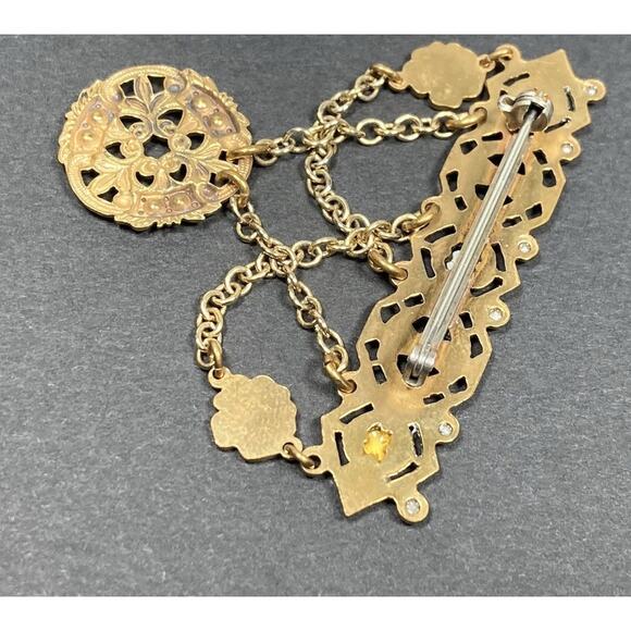 Vintage Victorian Revival Brass Tone Dangle Chain Brooch Rhinestones Festoon - Picture 8 of 11
